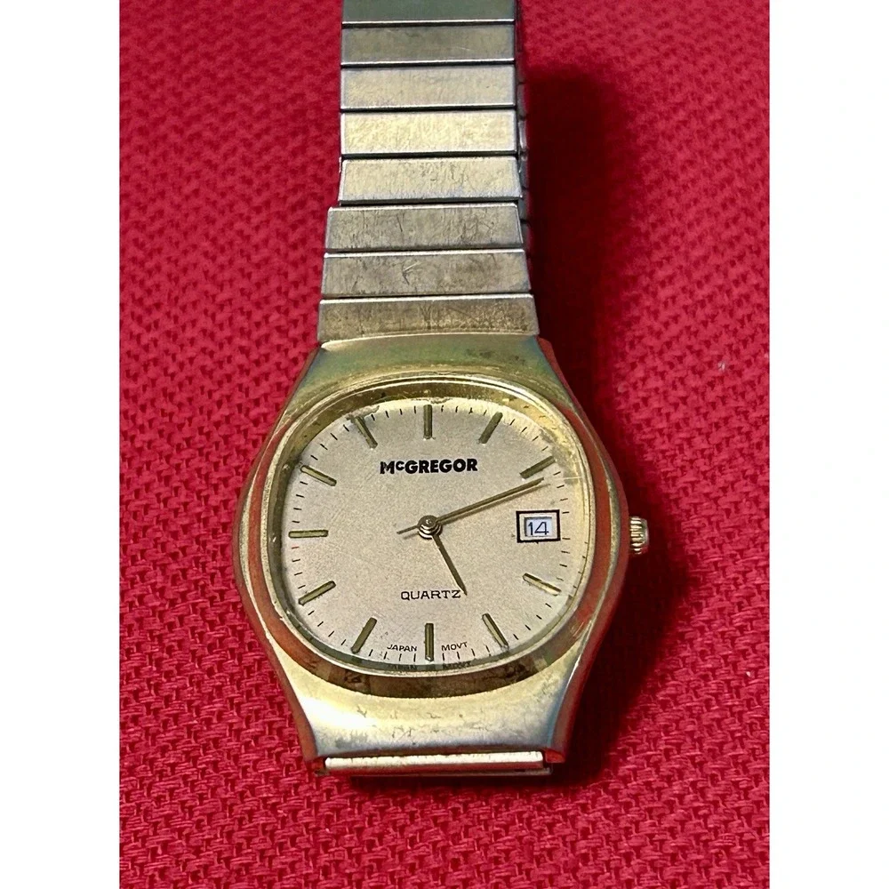 Vintage McGregor Japan Quartz Watch Men Gold Tone Date Stretchable New Battery
